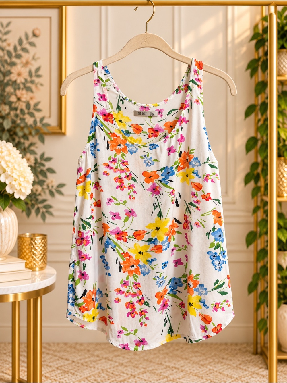 Old Navy Floral Swing Tank Top Women’s M White Multicolor Rayon Sleeveless